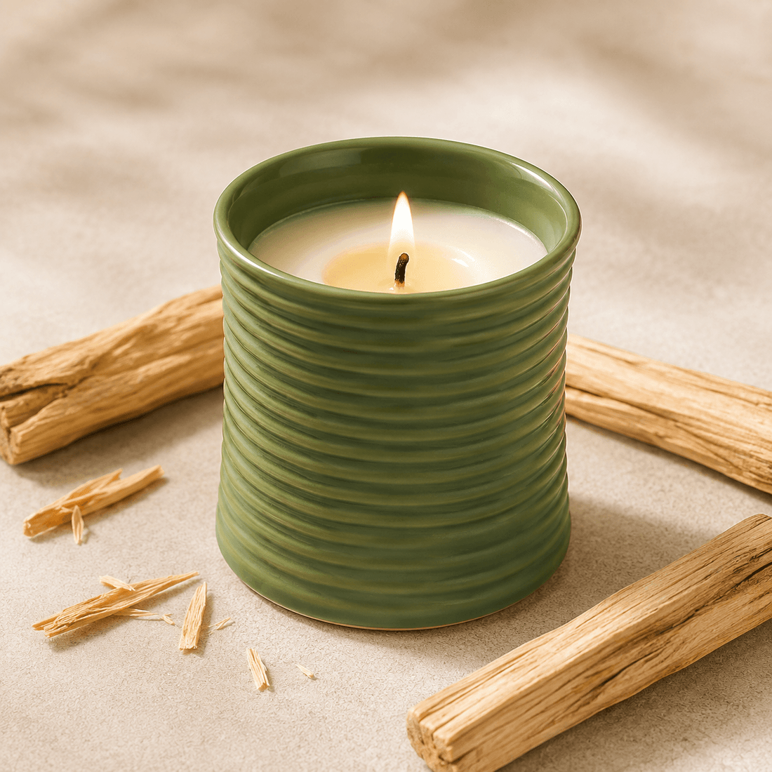 Riva Ribbed Ceramic Candle — Sandalwood fragrance profile