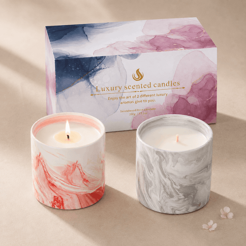 Warmelle Maris pink and gray marble-effect ceramic candles