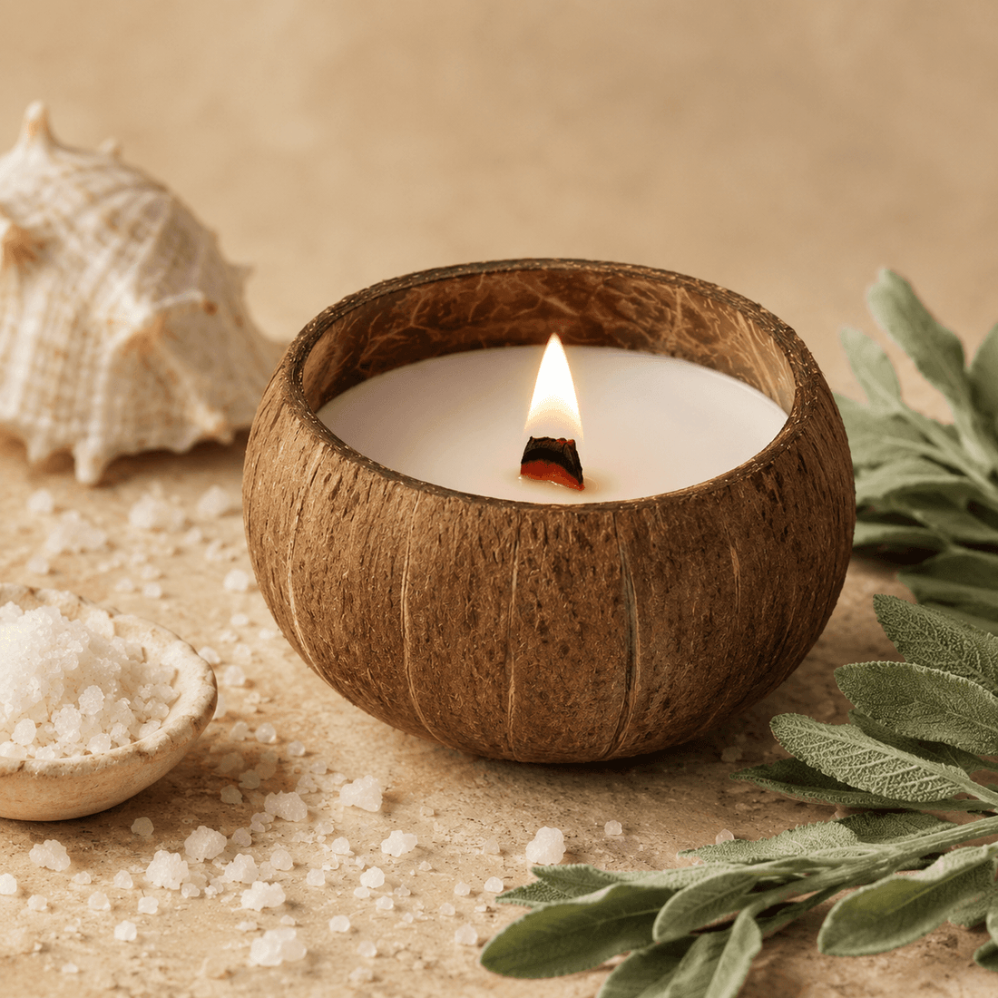 Coco Haven Coconut Shell Candle — Sea Salt Sage fragrance profile