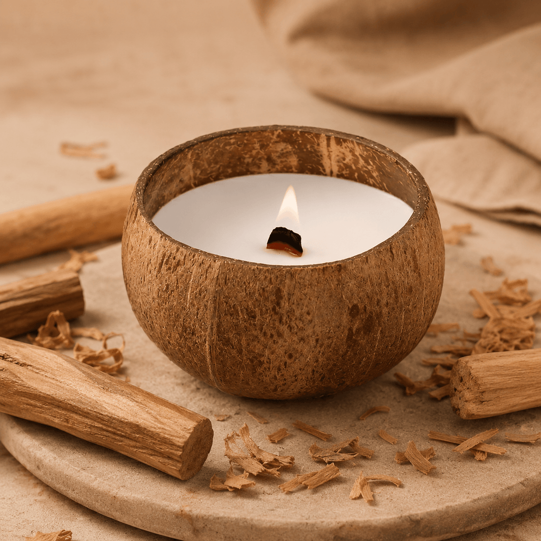Coco Haven Coconut Shell Candle — Sandalwood fragrance profile