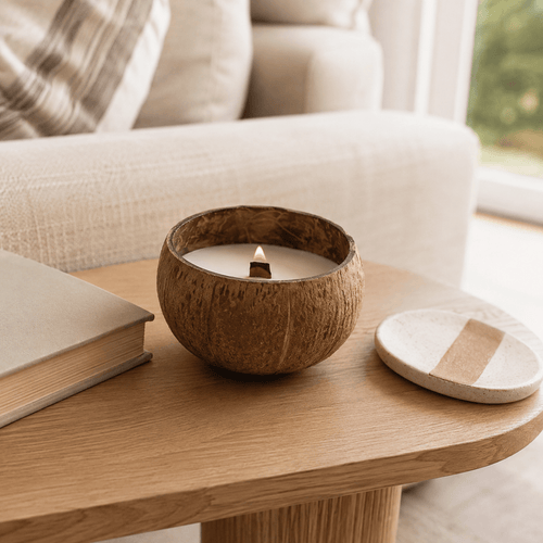 Warmelle Coco Haven candle styled on a coffee table