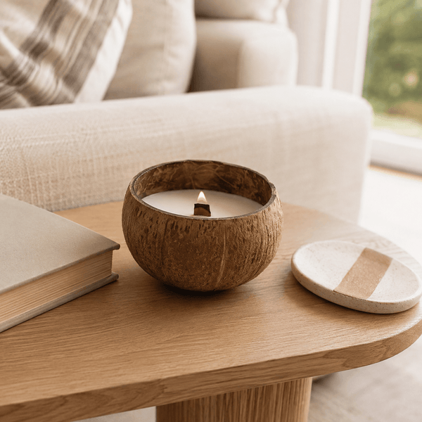 Warmelle Coco Haven candle styled on a coffee table