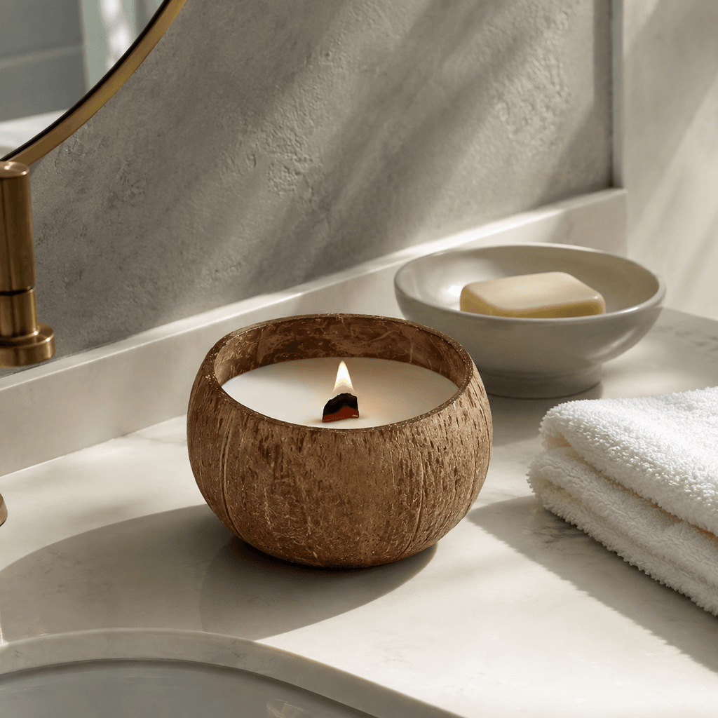 Warmelle Coco Haven candle in a warm bedroom setting
