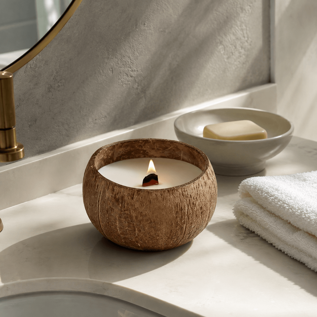 Warmelle Coco Haven candle in a warm bedroom setting