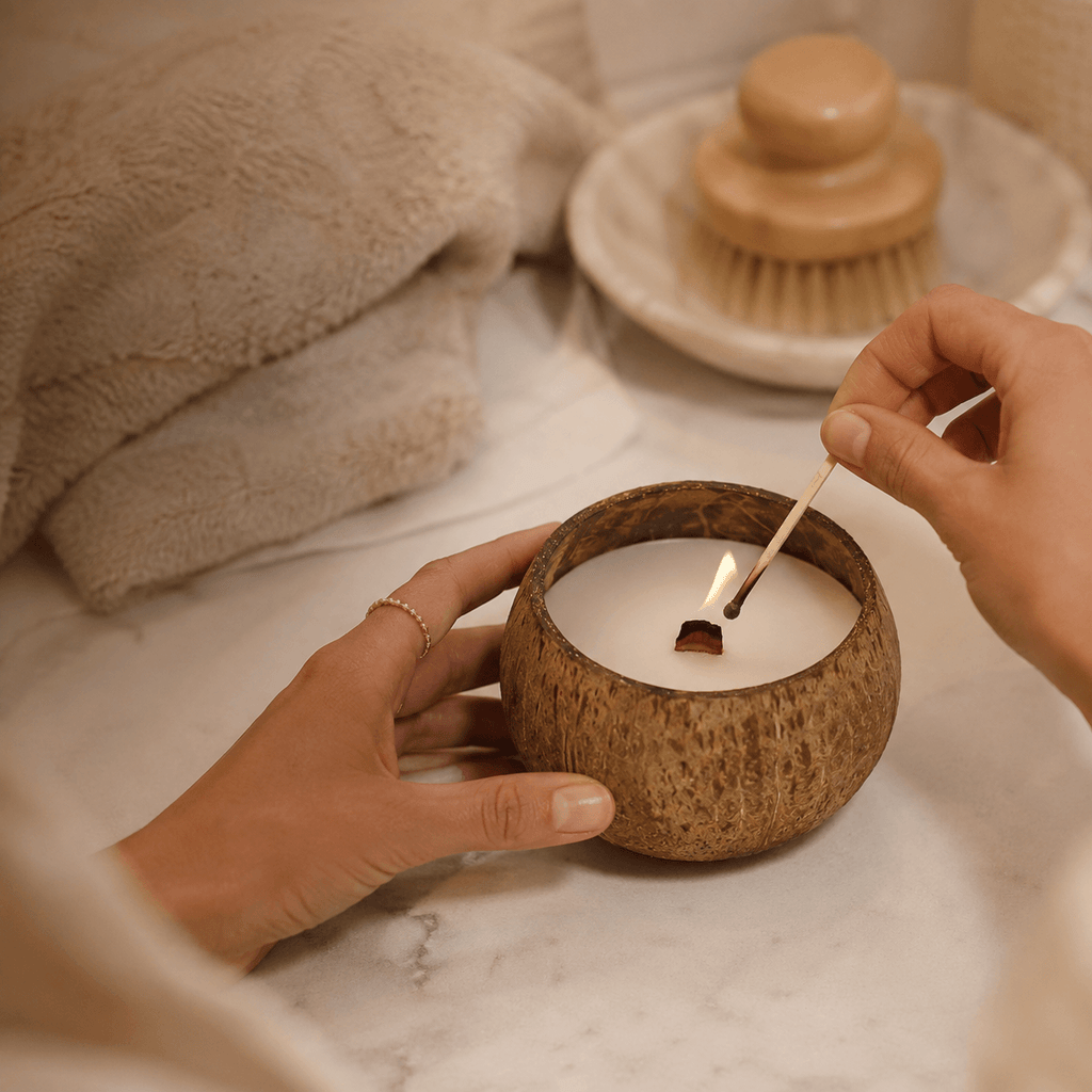 Hands lighting a Warmelle Coco Haven coconut shell candle