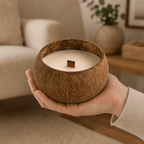 Warmelle Coco Haven coconut shell candle held in hand for scale