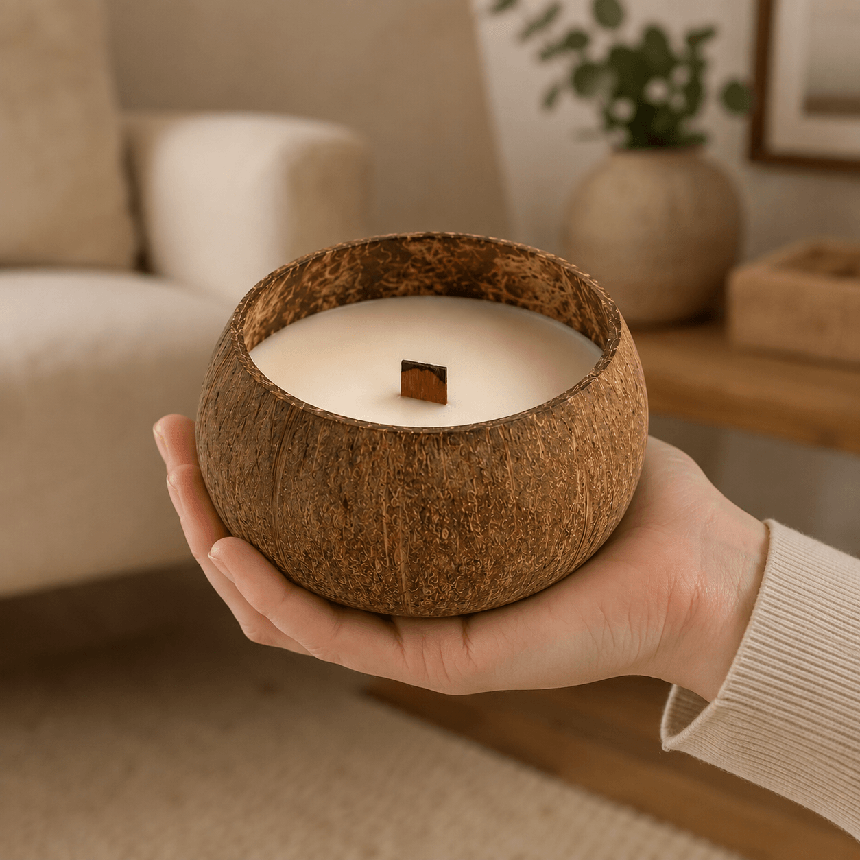 Warmelle Coco Haven coconut shell candle held in hand for scale