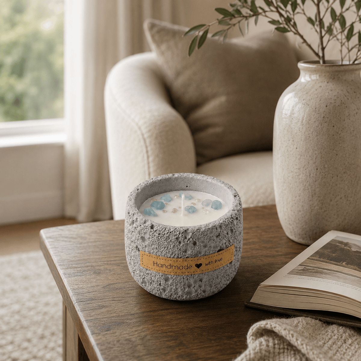 Warmelle candle styled in a warm neutral home