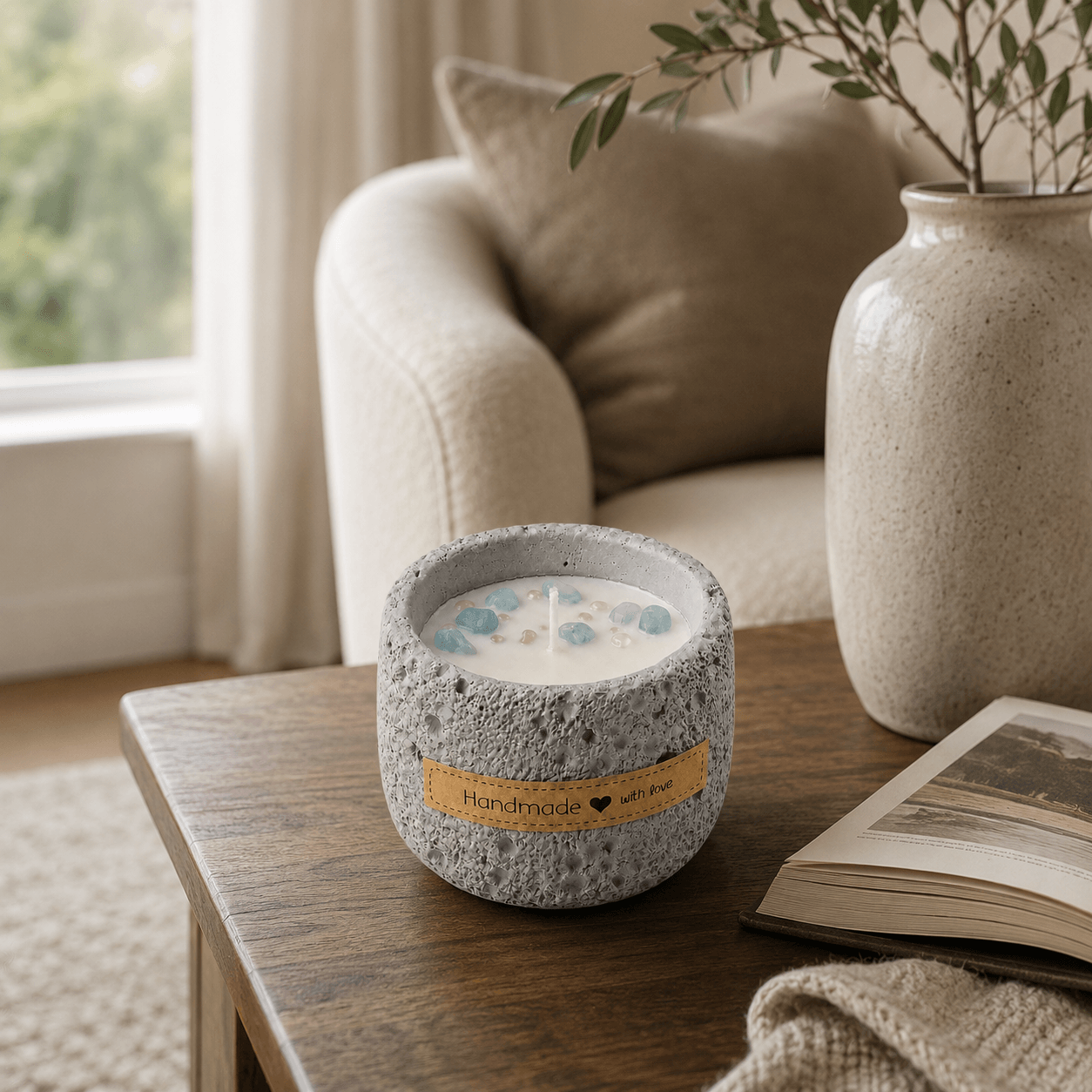 Warmelle Terra gray speckled vessel candle in a warm neutral living room