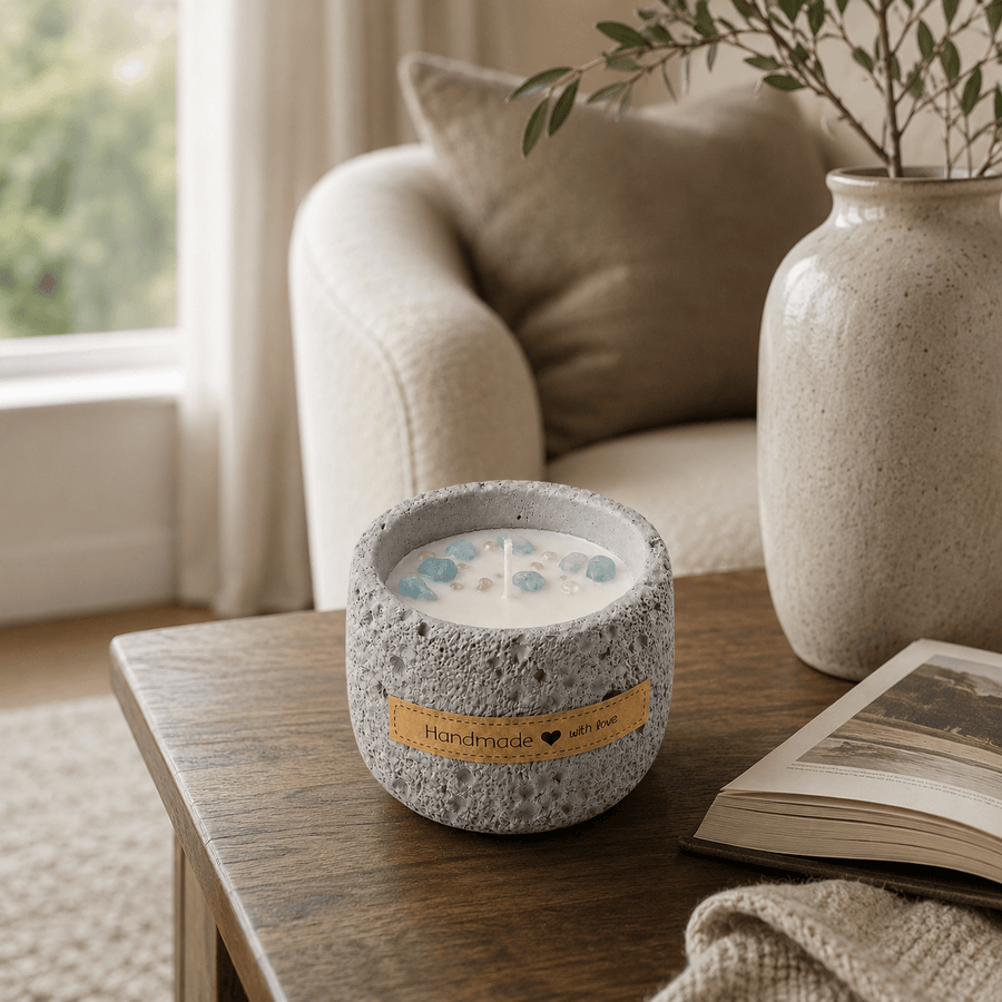 Warmelle Terra candle in a warm neutral living room