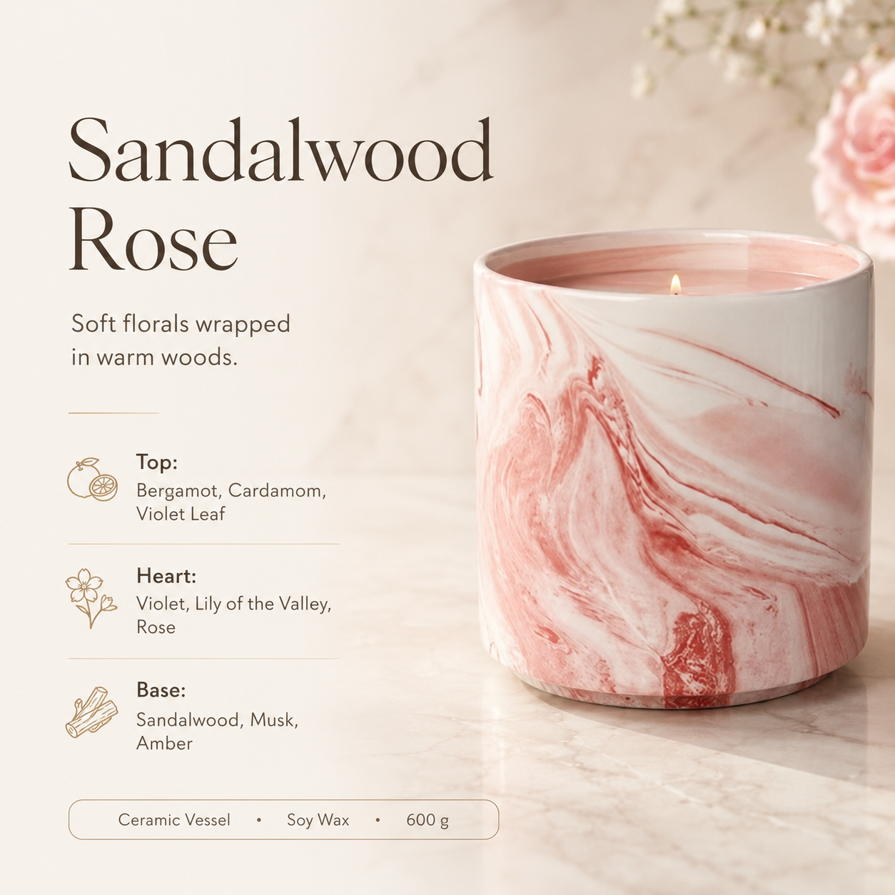 Warmelle Ceramic Soy Candle Gift Set with Sandalwood Rose and Lavender, alternate view 2