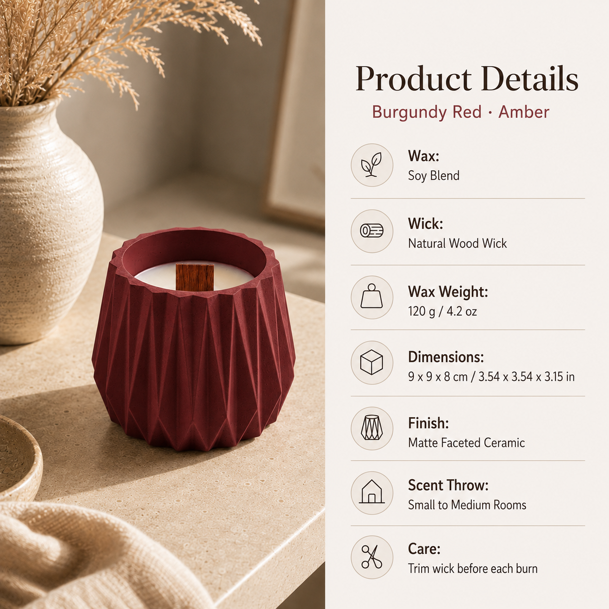 Warmelle Geometric Scented Soy Candle in a faceted vessel, alternate view 5