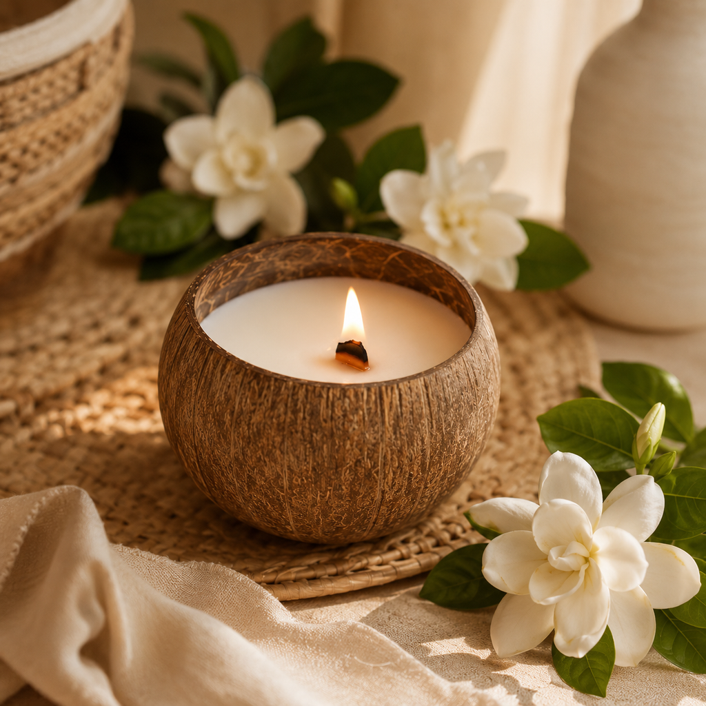 Warmelle Natural Coconut Shell Soy Candle in a real coconut shell, alternate view 2
