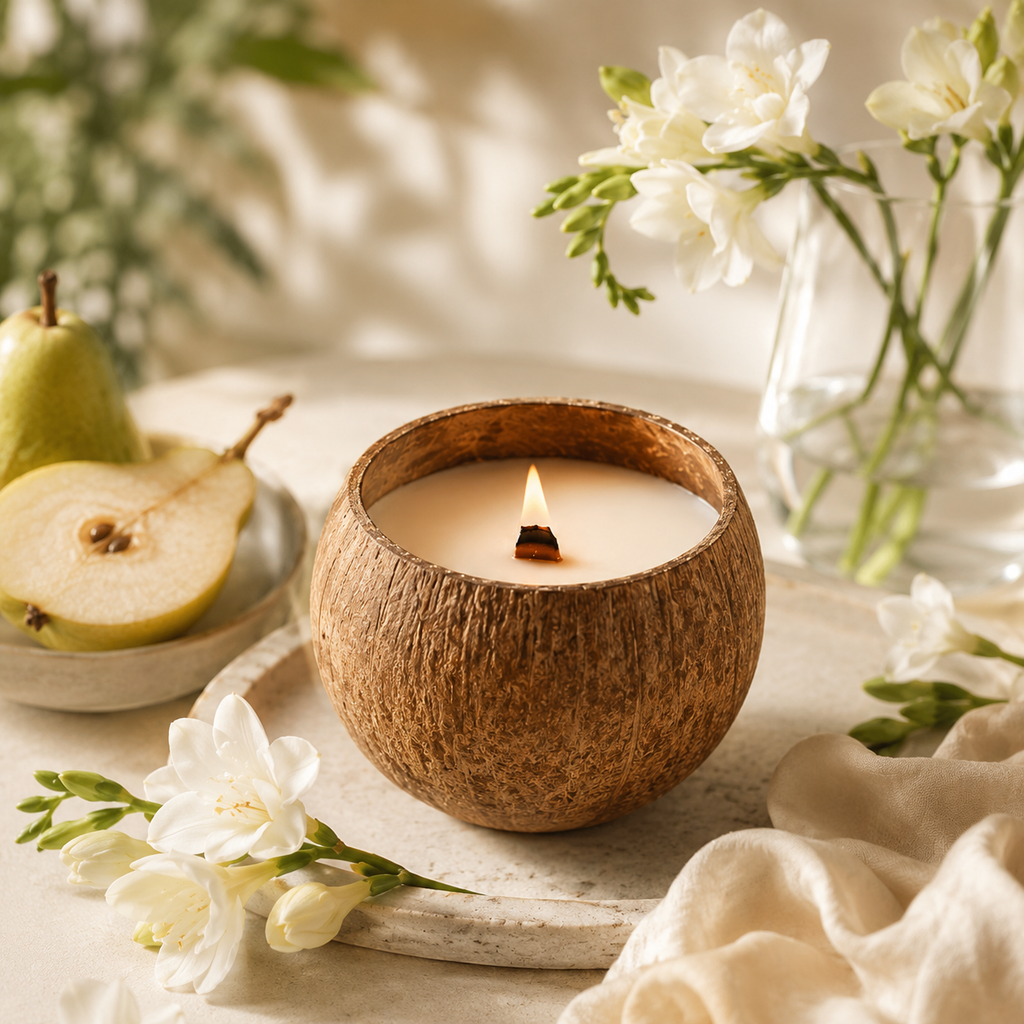 Warmelle Natural Coconut Shell Soy Candle in a real coconut shell, alternate view 3