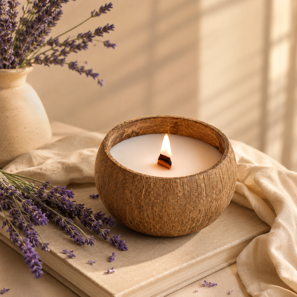 Warmelle Natural Coconut Shell Soy Candle in a real coconut shell, alternate view 4