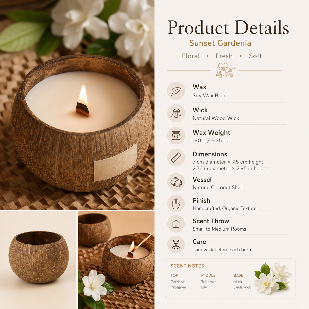 Warmelle Natural Coconut Shell Soy Candle in a real coconut shell, alternate view 5