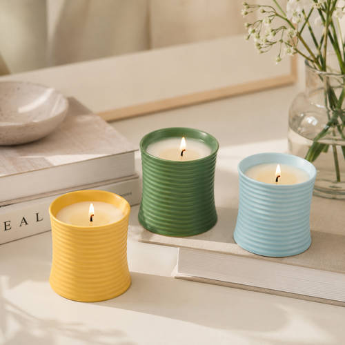 Warmelle Ribbed Ceramic Scented Candle in a ribbed ceramic vessel